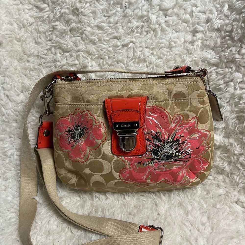 Coach poppy small canvas khaki logo crossbody bag sequins,black & Orange accents - Picture 6 of 15